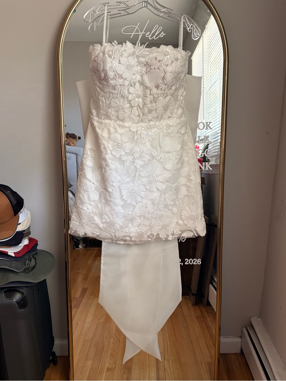 UNTAMED PETALS White Floral Lace Strapless Mini Wedding Dress